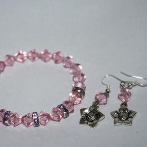 NWOT Pink purple flower bracelet earrings set